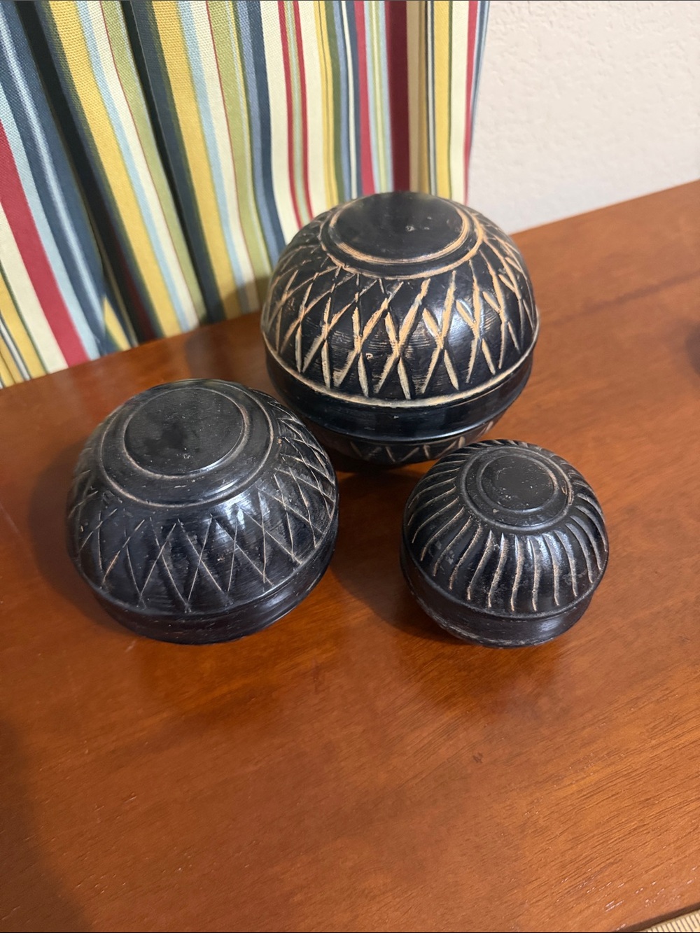 Set of 3 Decorative Carved Black Spheres